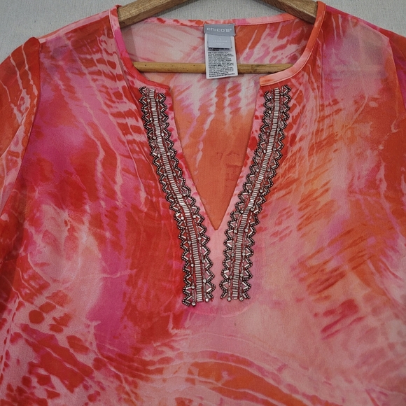 Chicos 1 Womens Size Medium Pink Beaded Tie Dye Tunic Lightweight Sheer Boho - Picture 4 of 15